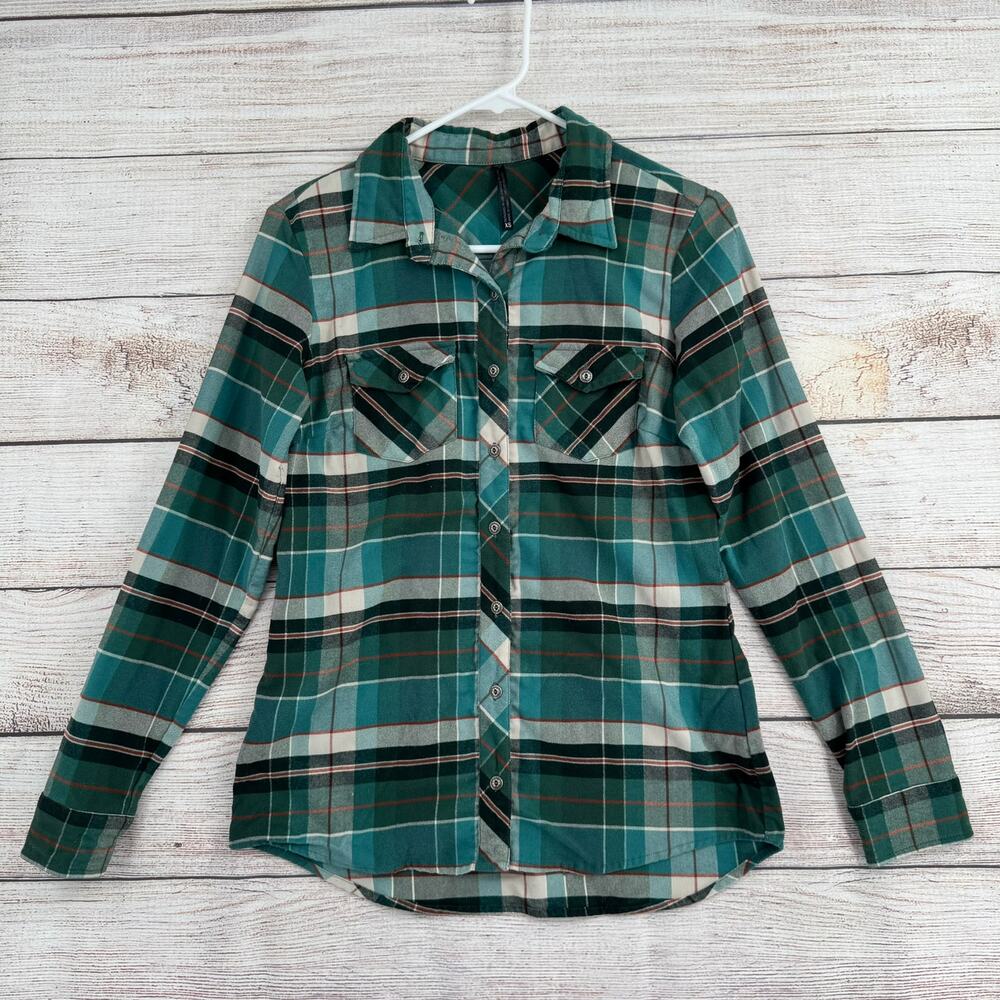 Kuhl Plaid‎ Tartan Greta Long Sleeve Flannel Shirt Womens XS Green Rust Black